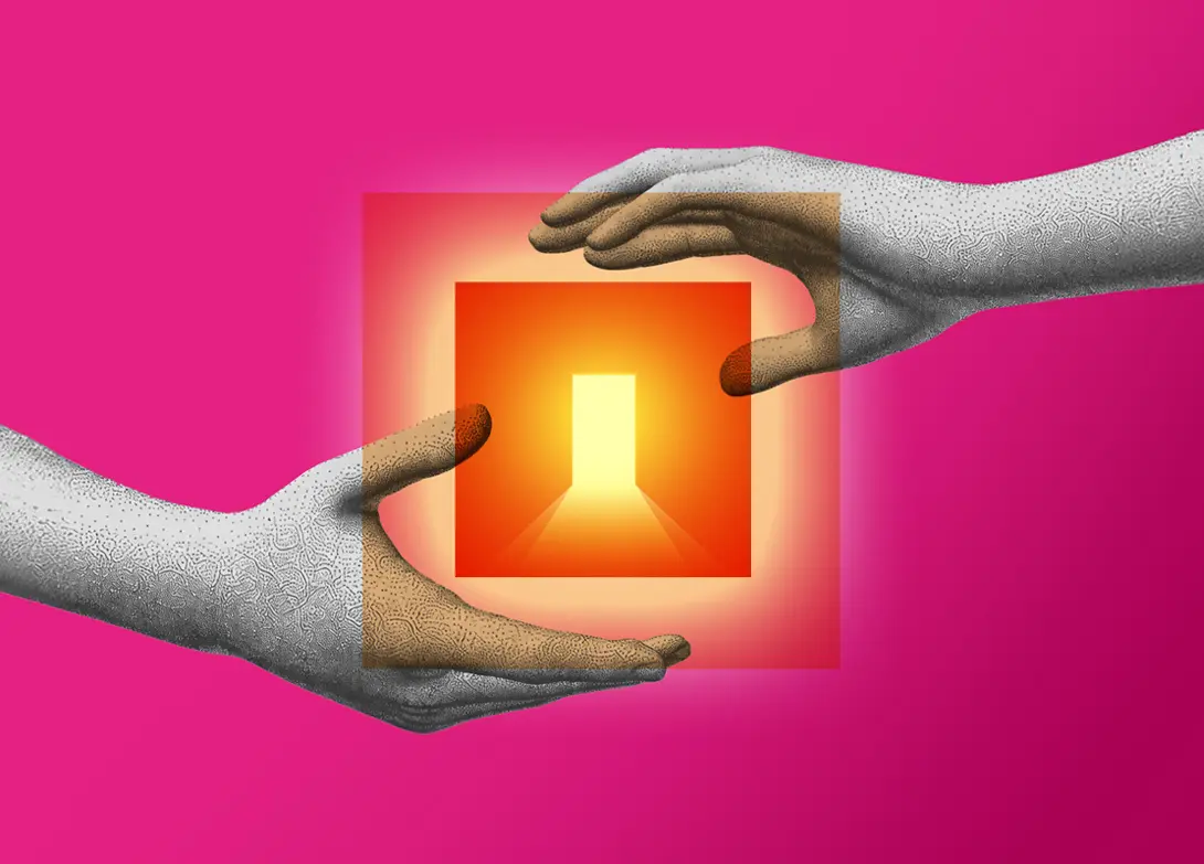 Two hands holding a glowing orange cube with a door, against a vibrant pink background.