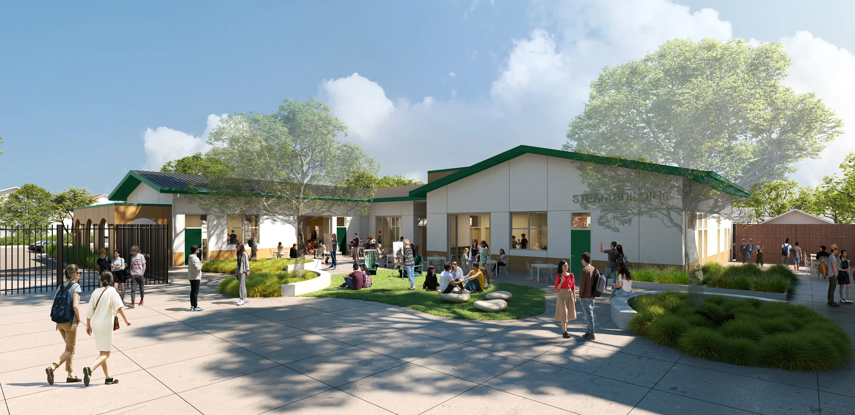Students gather outside a modern educational building with trees and a clear sky.