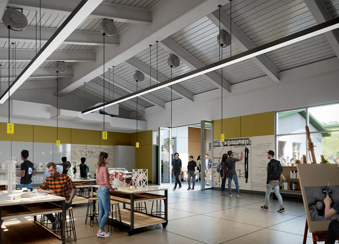 Modern collaborative workspace with people working on projects and brainstorming on whiteboards. Bright and open layout.