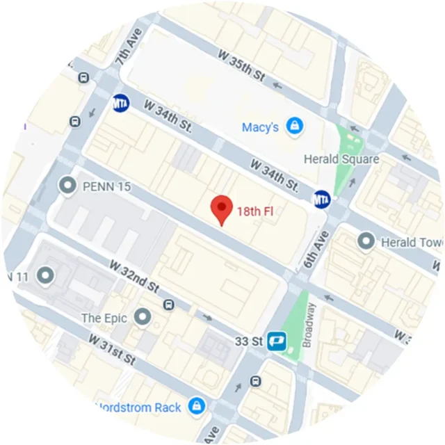 Map of Herald Square NYC, showing location at 18th Floor near Macy's and transit stations on 34th Street.