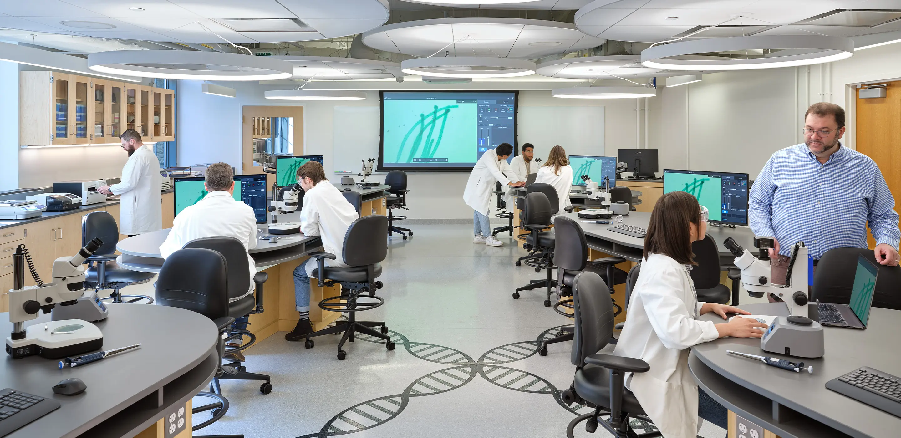 Modern science laboratory with researchers working at microscopes and computers displaying microscopic images.