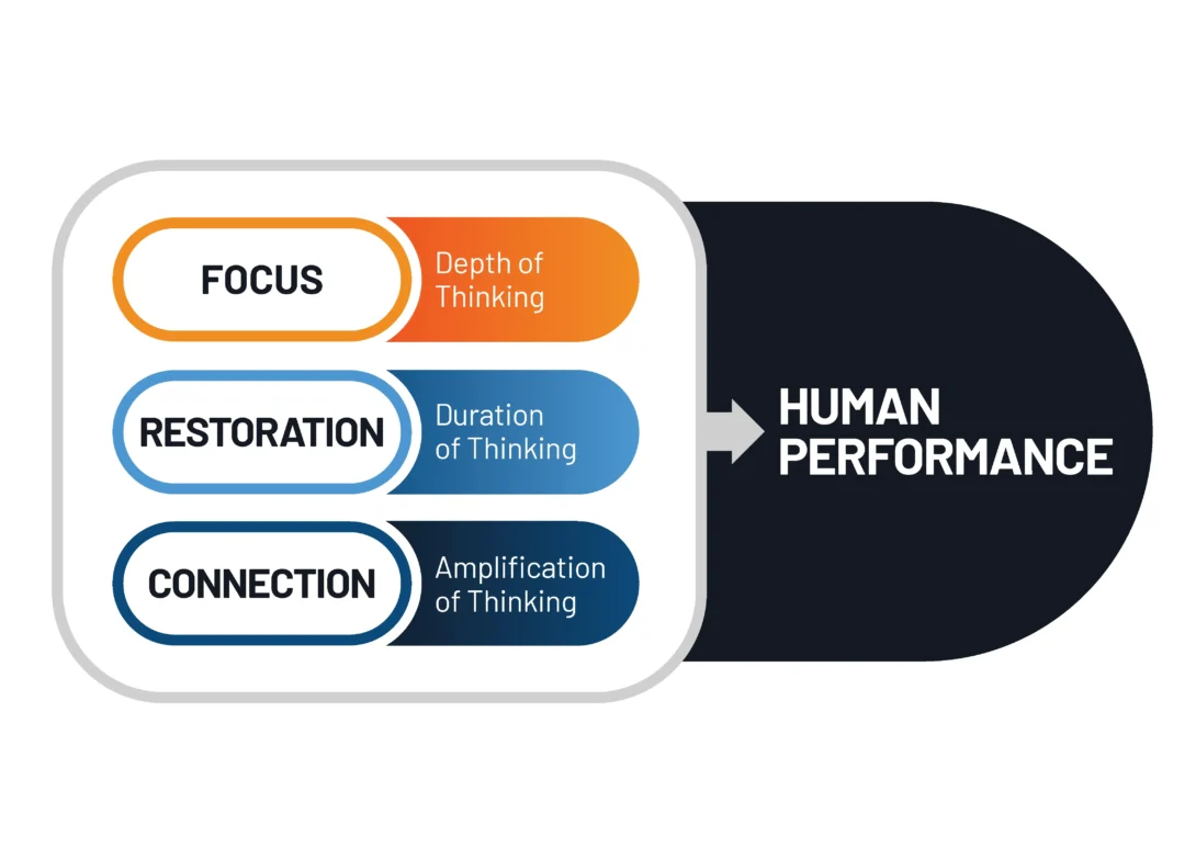 Diagram illustrating human performance through focus, restoration, and connection dimensions of thinking.