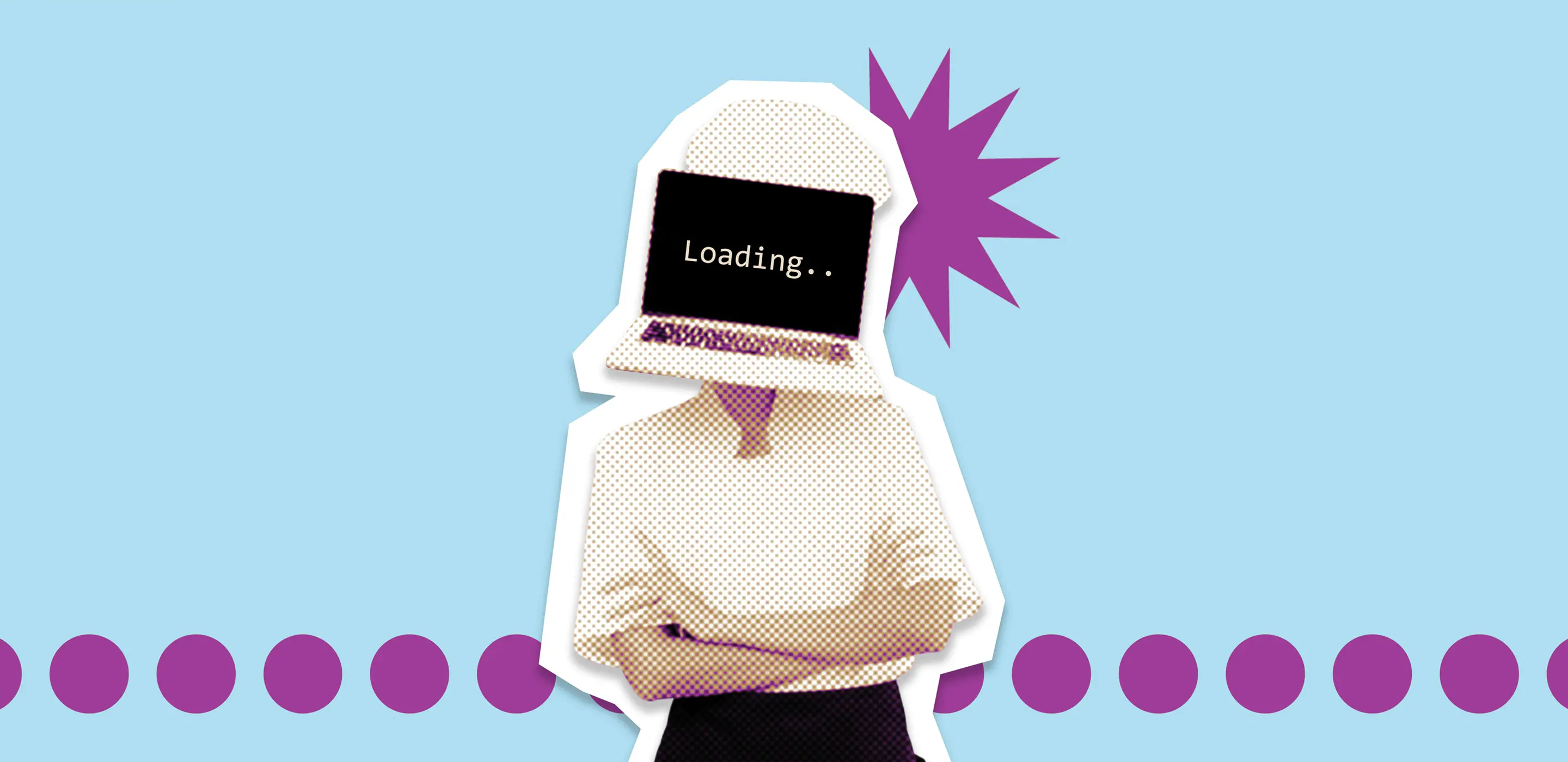 Collage art of person with laptop head displaying Loading.. on screen, against a blue background with purple accents.