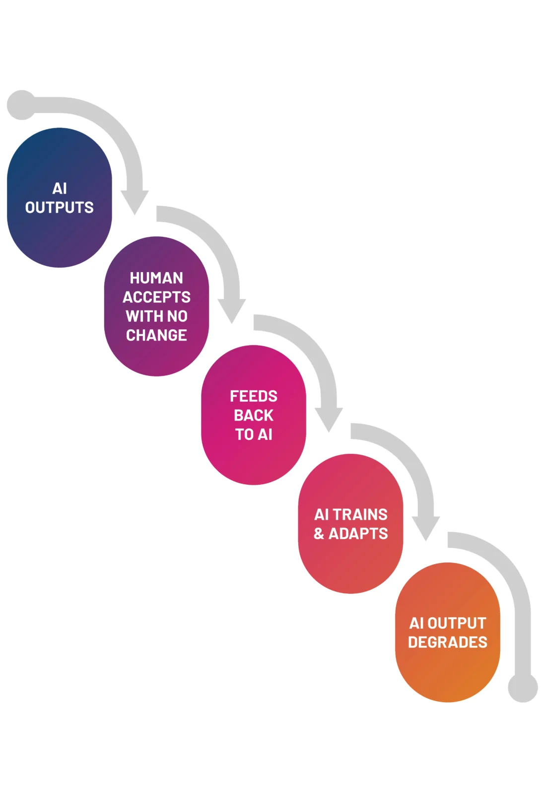 AI feedback loop flowchart: AI outputs, human accepts, feeds back, AI trains, output degrades.