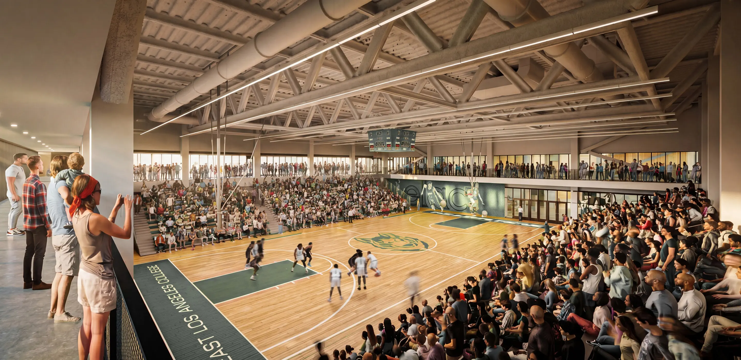 Crowded basketball game at East Los Angeles College indoor arena with active audience and engaging gameplay.