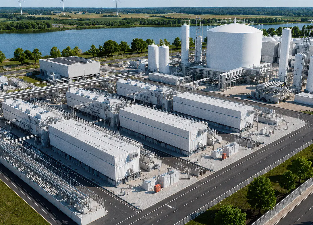 Industrial facility with storage tanks and pipelines near a lake, surrounded by green landscape and windmills.