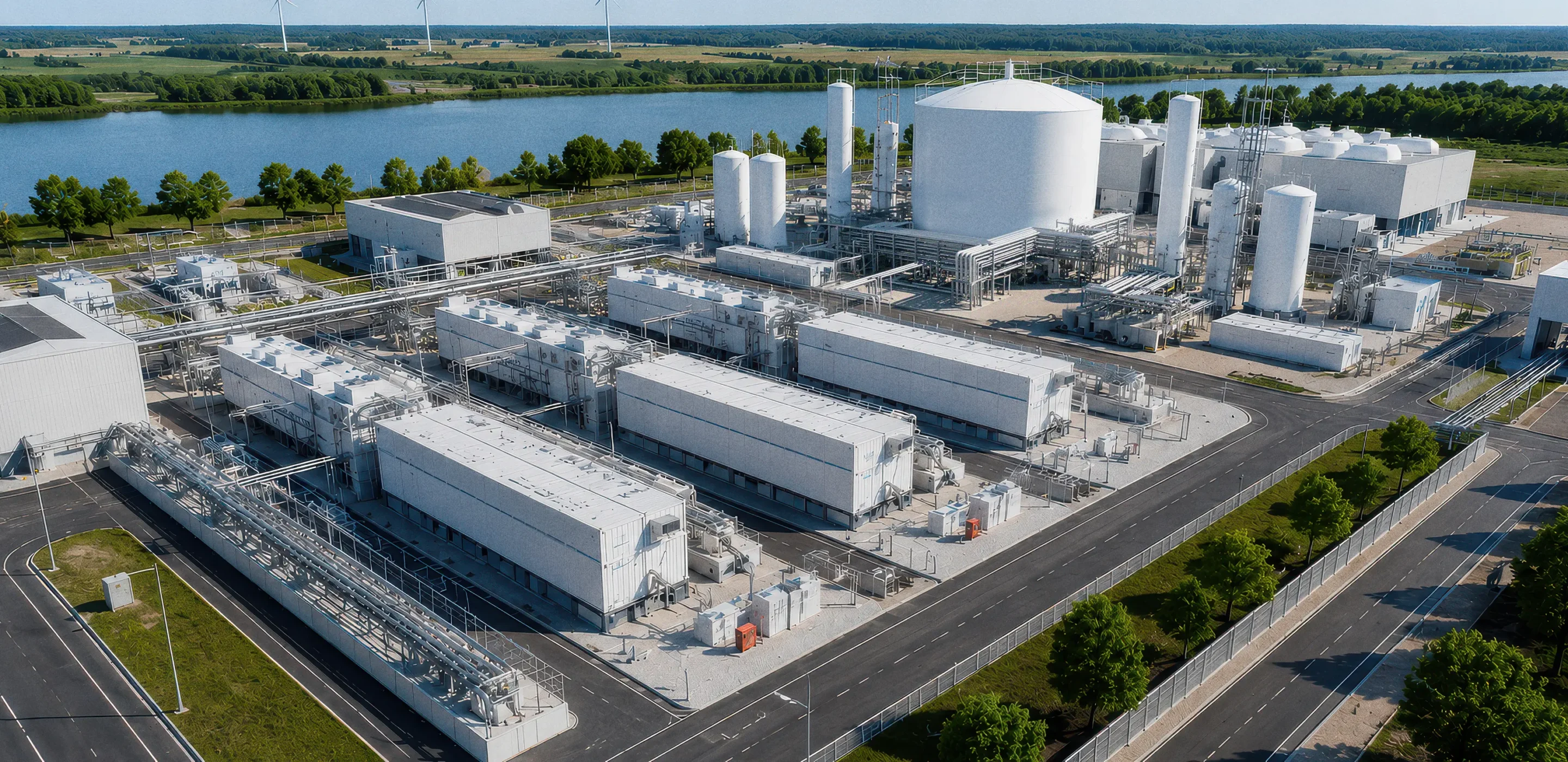 Aerial view of modern industrial plant by a river, featuring energy-efficient infrastructure and green surroundings.