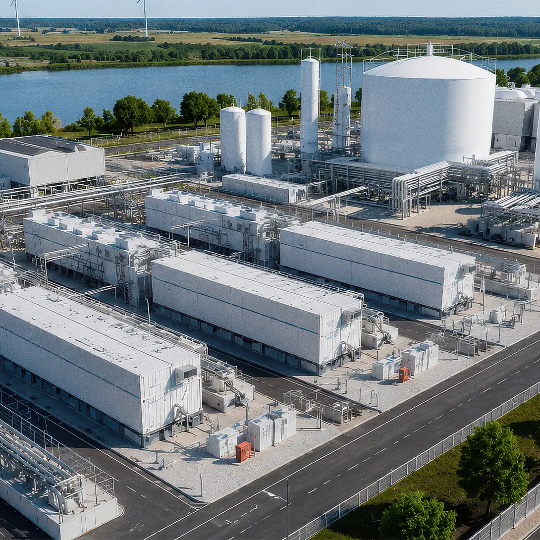 Modern industrial facility with large white storage tanks and machinery by a lake. Green landscape in the background.