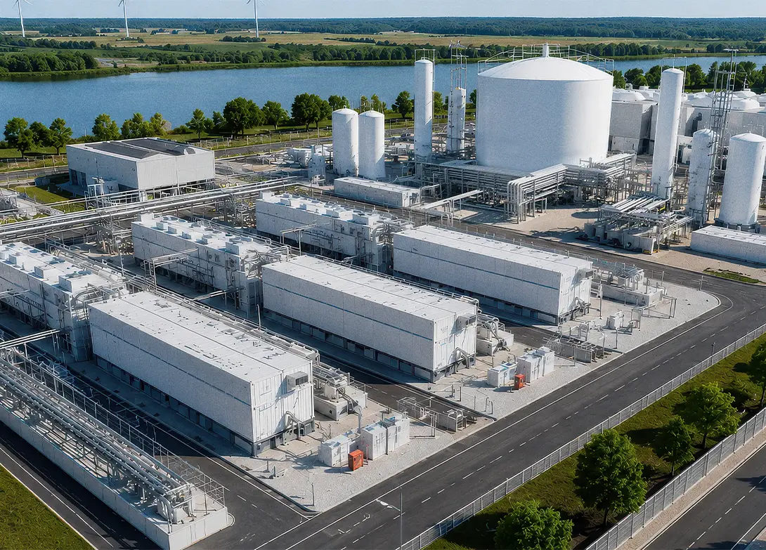 Aerial view of a modern industrial gas facility near a lake with green energy wind turbines in the background.