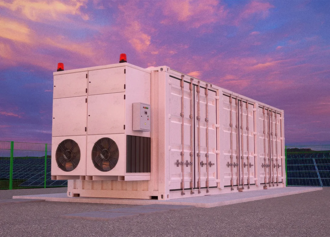 Energy storage container with cooling fans at sunset, ideal for solar power systems and renewable energy solutions.