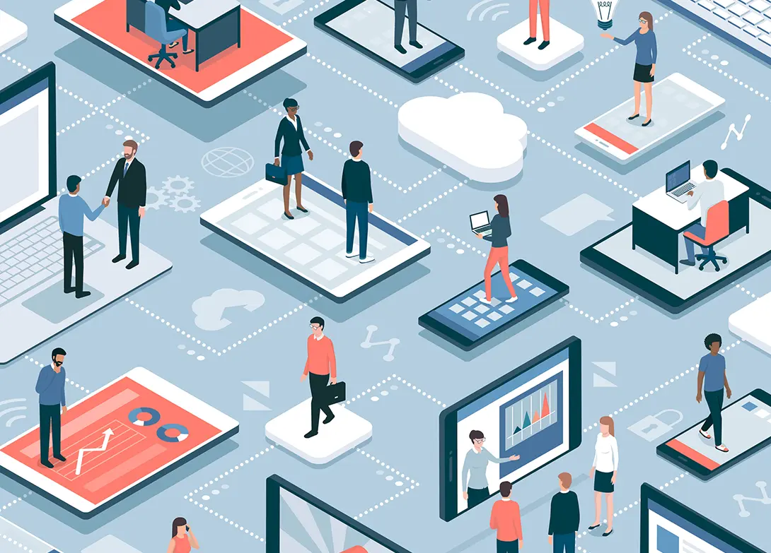 Isometric illustration of digital work environments, people interacting with oversized devices, symbolizing tech-driven networking.