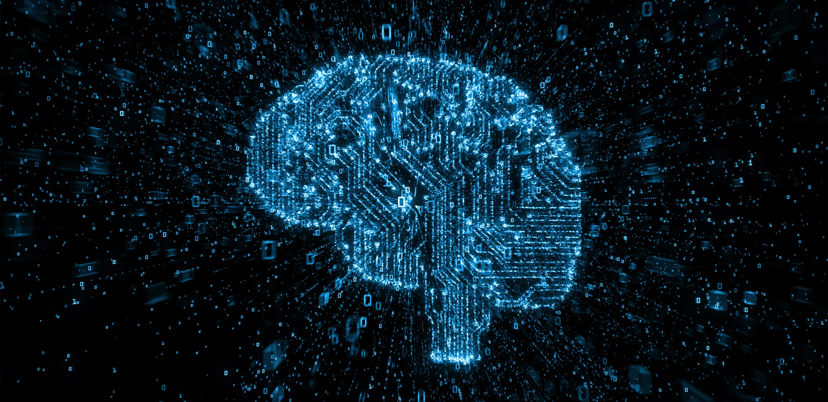 Digital brain made of glowing binary code, representing artificial intelligence and data processing.