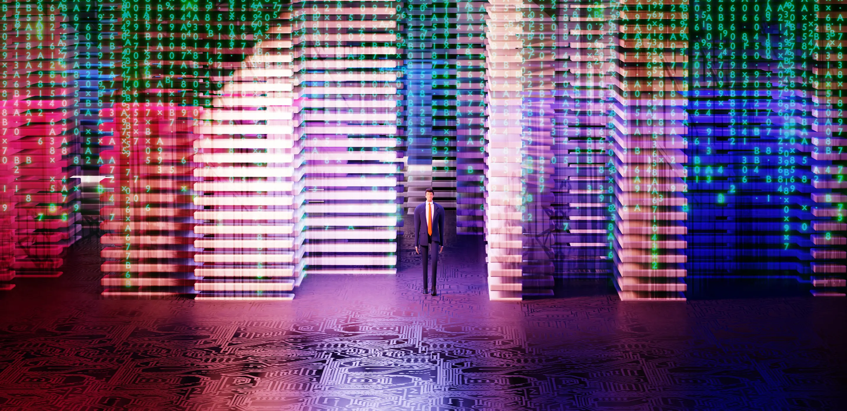 Futuristic scene with a person in a digital cityscape, surrounded by colorful skyscrapers and virtual data streams.
