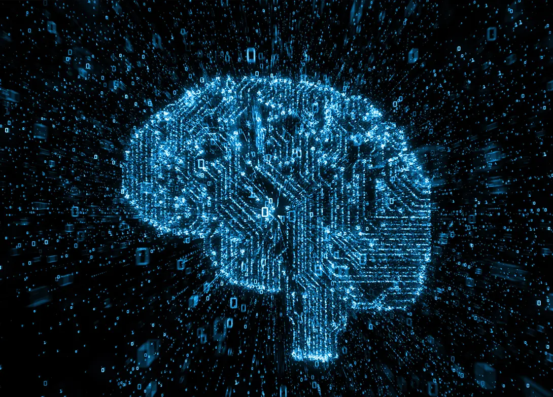 Digital brain made of binary code, symbolizing artificial intelligence and technology innovation.