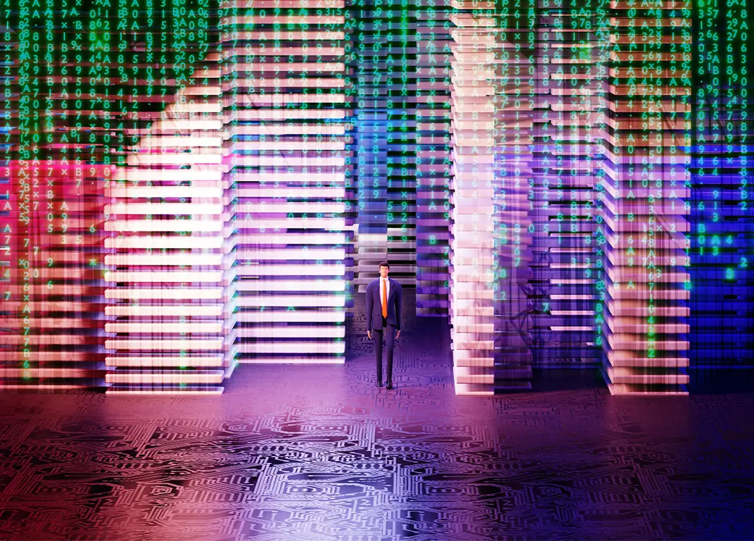 Futuristic cityscape with neon lights and digital code, featuring a solitary figure in a suit, symbolizing digital innovation.