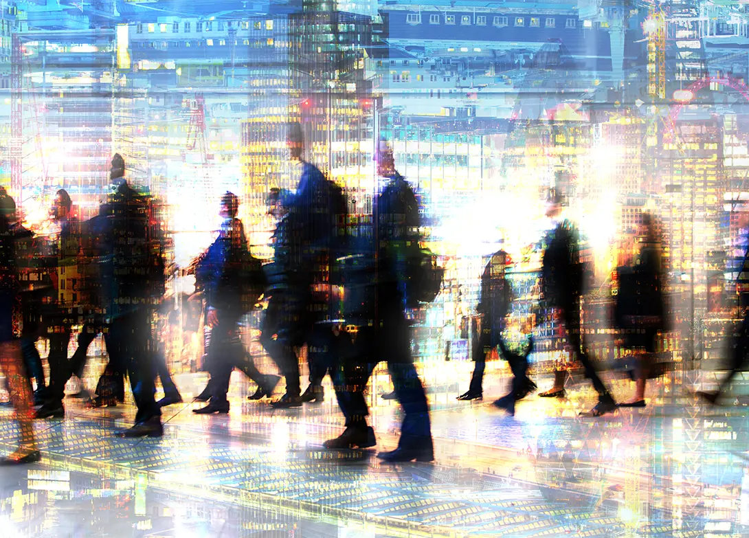 People walking through a busy cityscape with a vibrant, blurred motion effect, depicting urban life and dynamism.