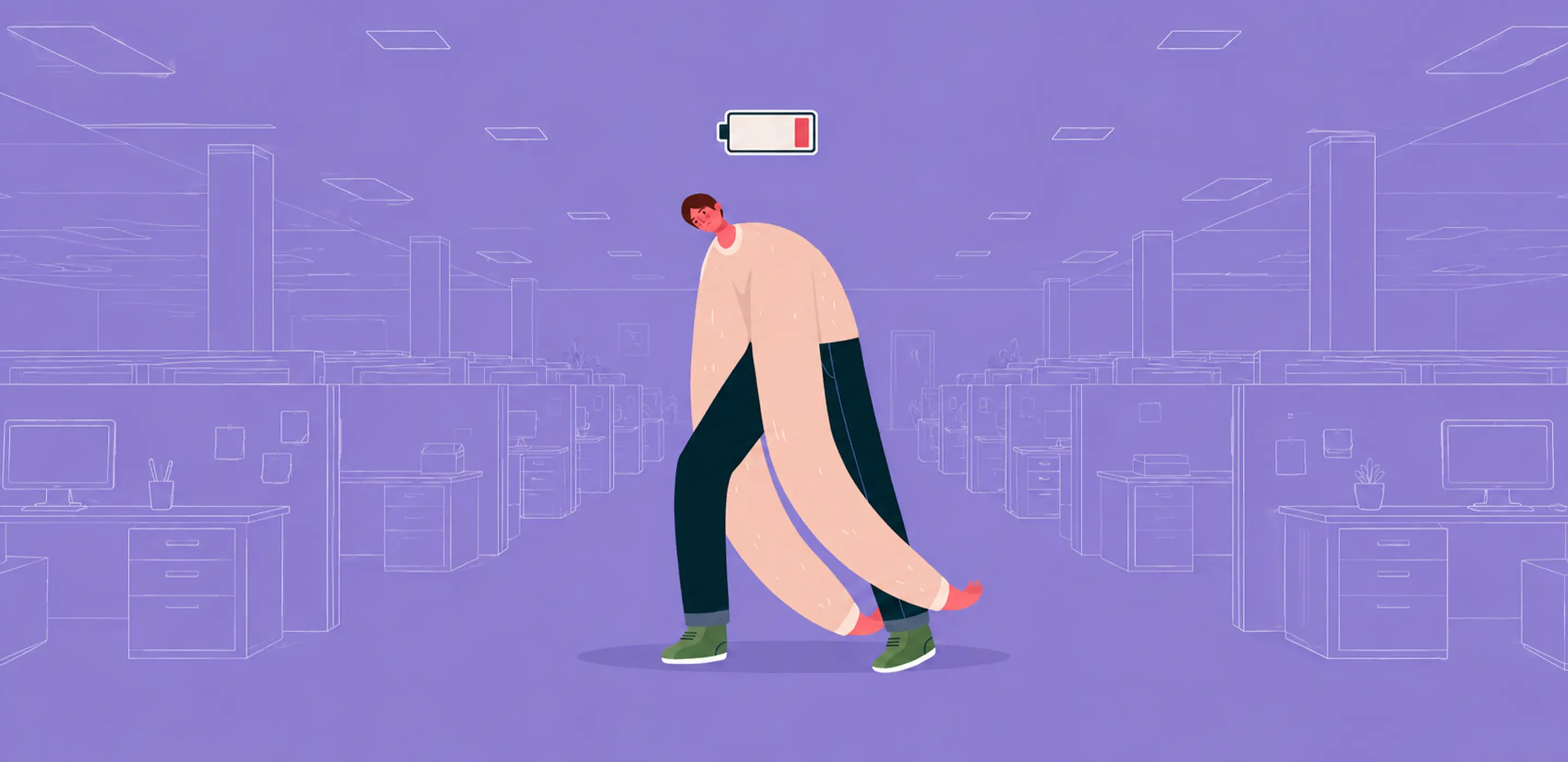 Illustration of a tired office worker with low battery symbol, representing fatigue in a workplace setting.