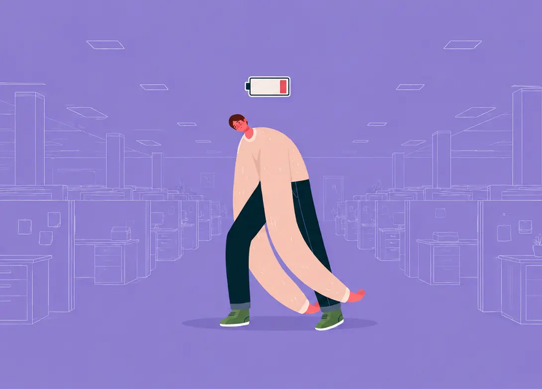 Illustration of a tired person with low battery icon, symbolizing workplace burnout and exhaustion in an office setting.