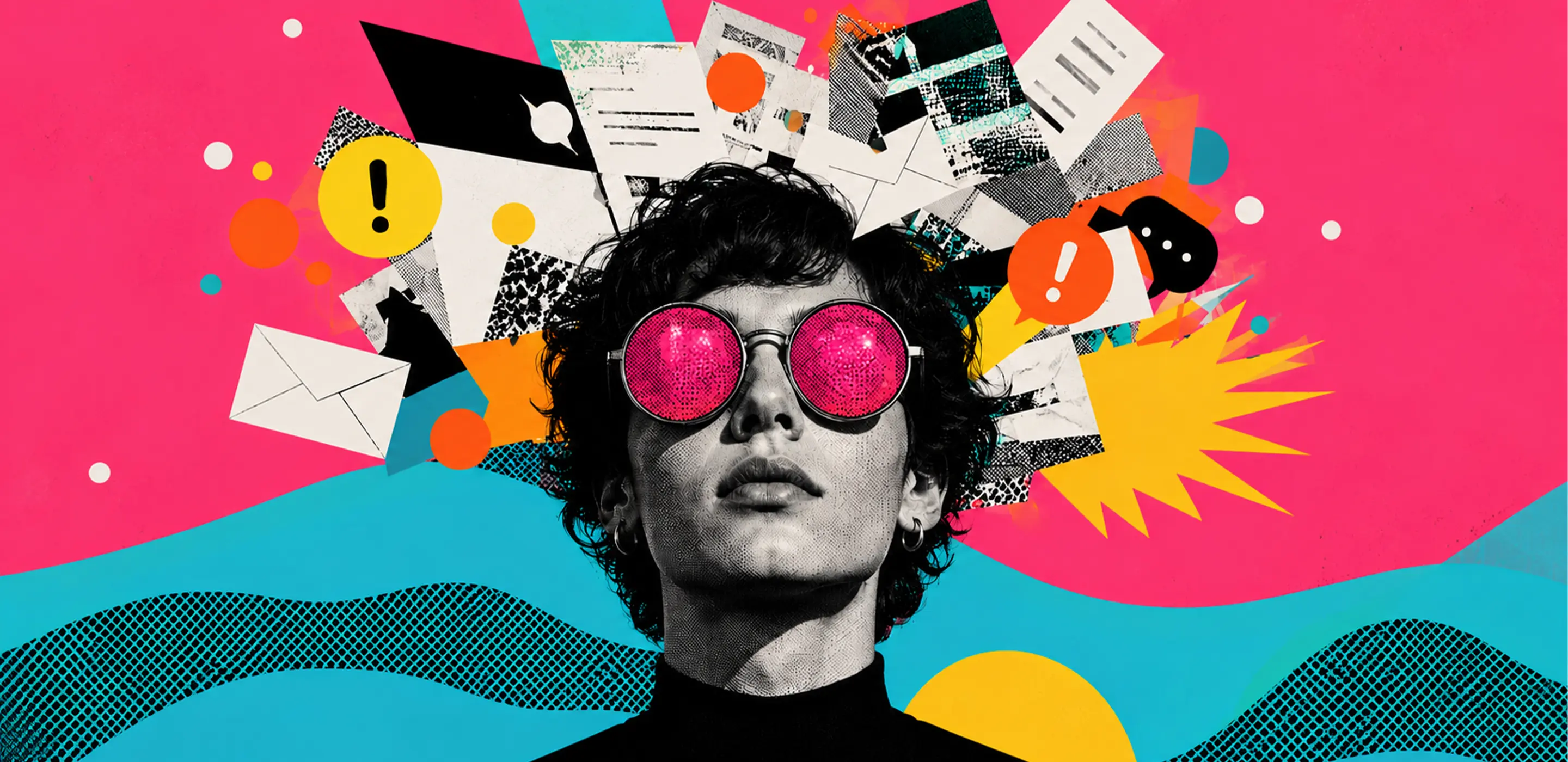 Man wearing pink glasses surrounded by colorful abstract elements, depicting digital overload and creativity.