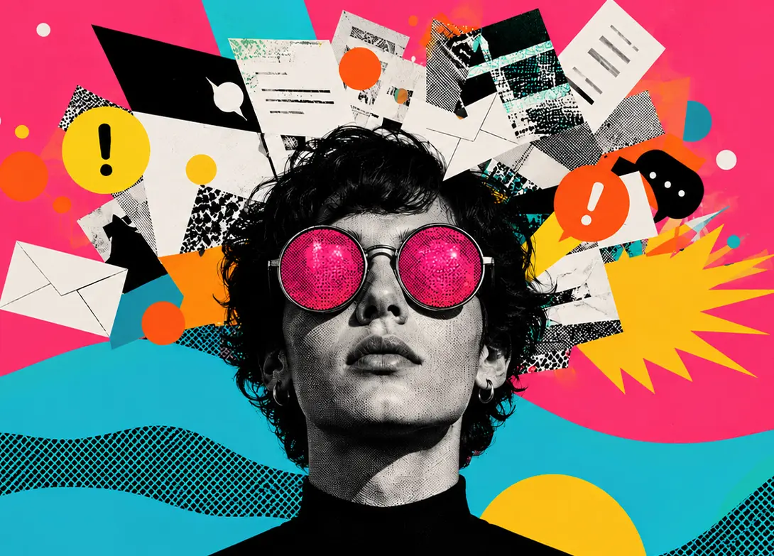 Colorful abstract collage with person wearing pink sunglasses, surrounded by vibrant icons and patterns.