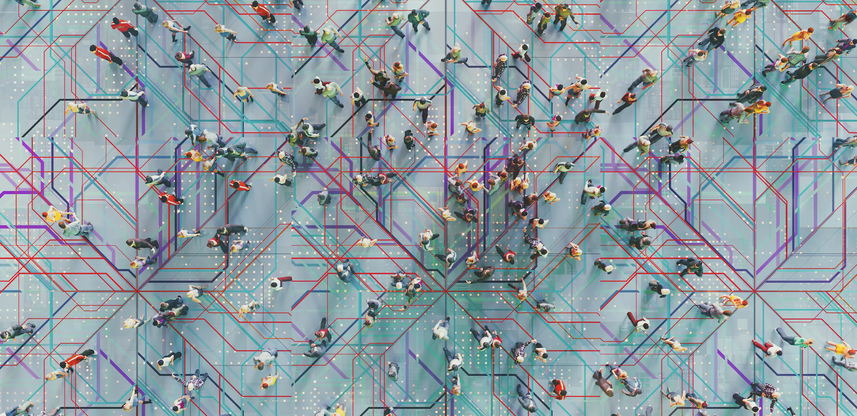 Aerial view of people walking on a network-themed floor with colorful lines and digital patterns.