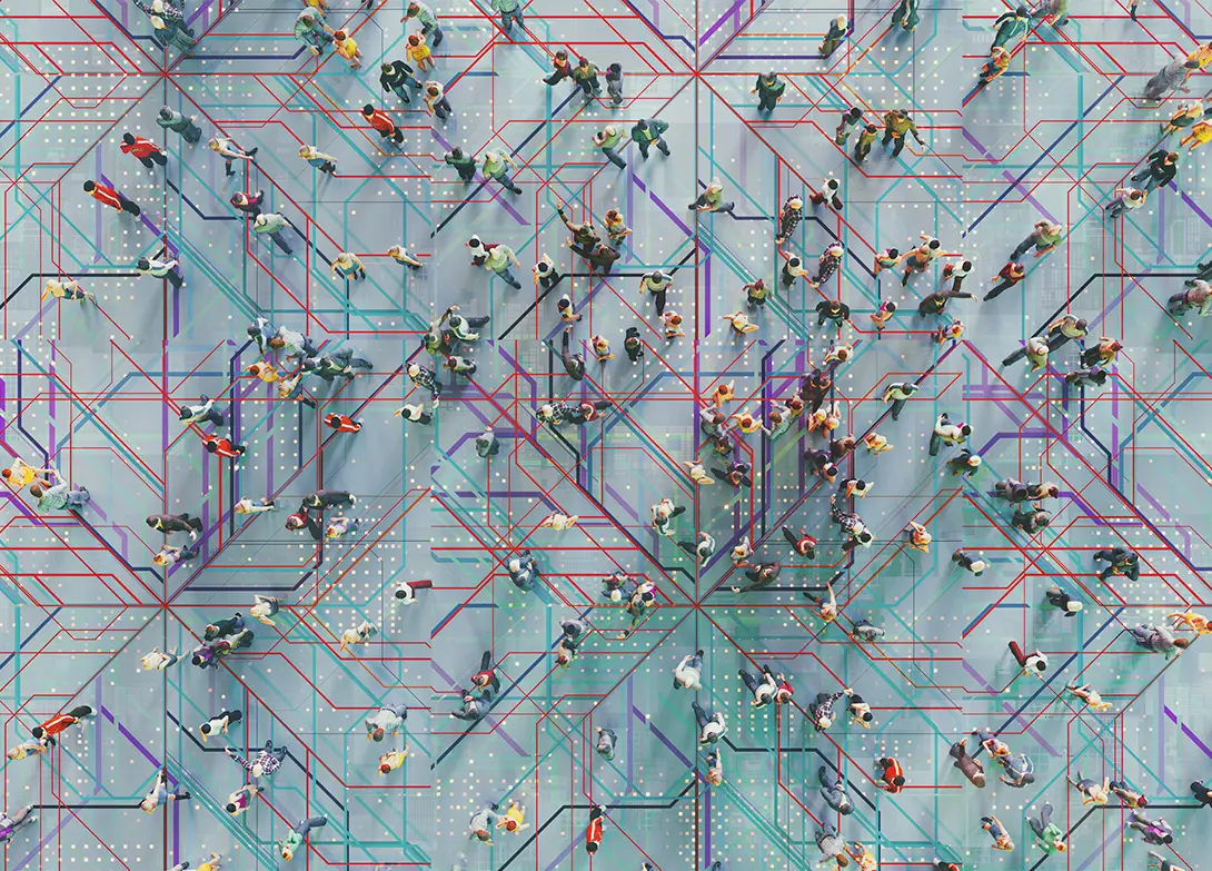 Aerial view of people walking on a grid with colorful intersecting lines, representing a network or data concept.