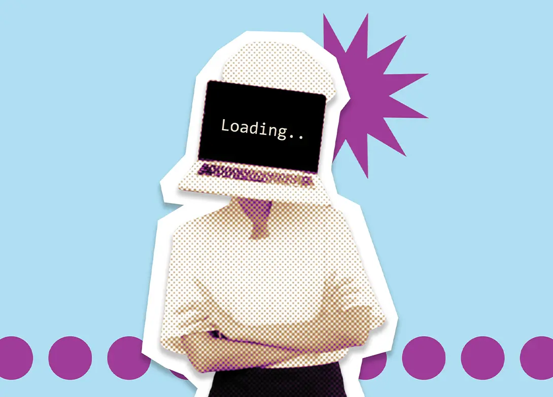 Person with a laptop face displaying Loading.. against a colorful background, symbolizing technology and waiting.