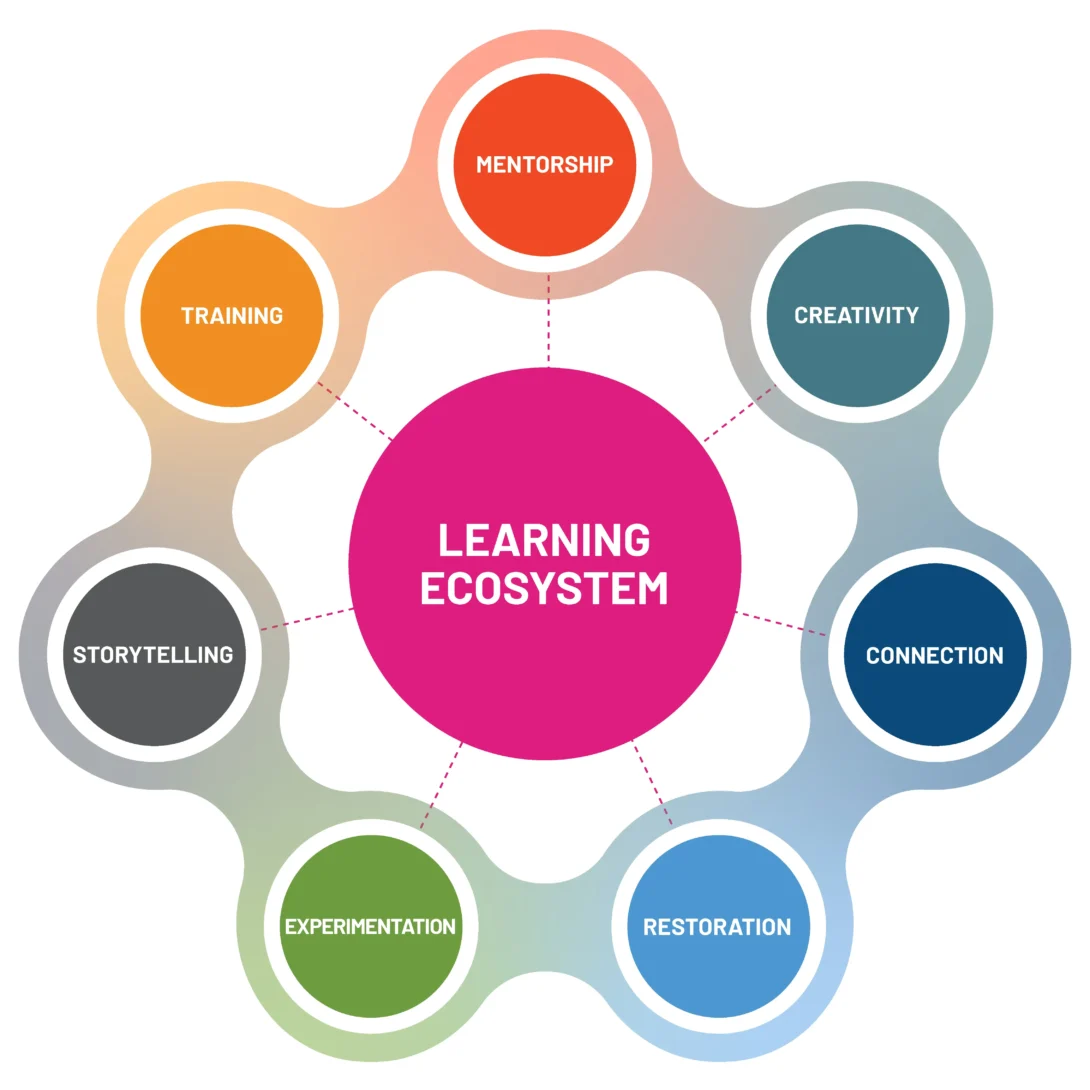 Diagram illustrating a learning ecosystem with elements: mentorship, creativity, connection, restoration, experimentation.