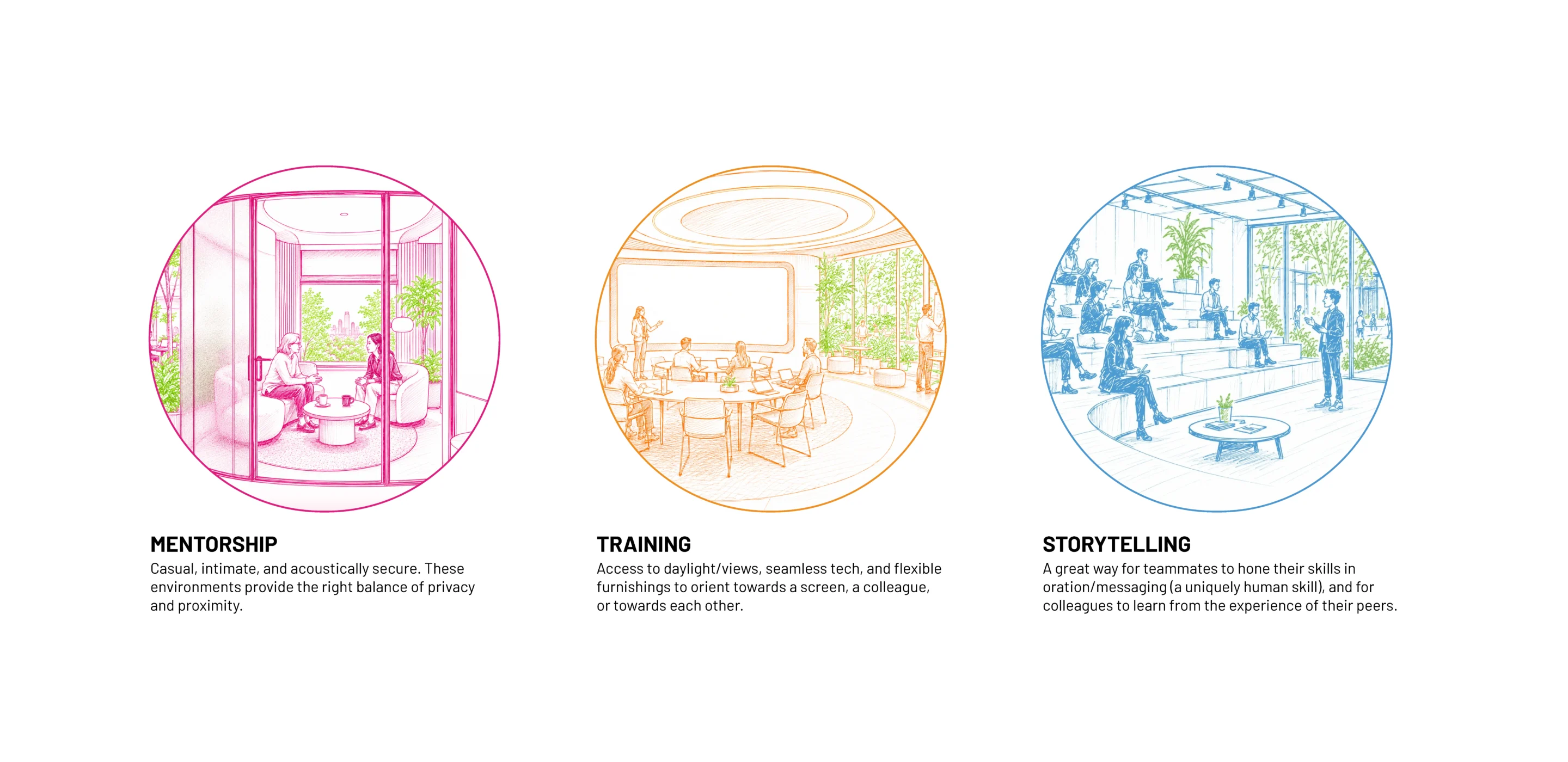 Illustration of mentorship, training, and storytelling environments with focus on collaboration and learning.