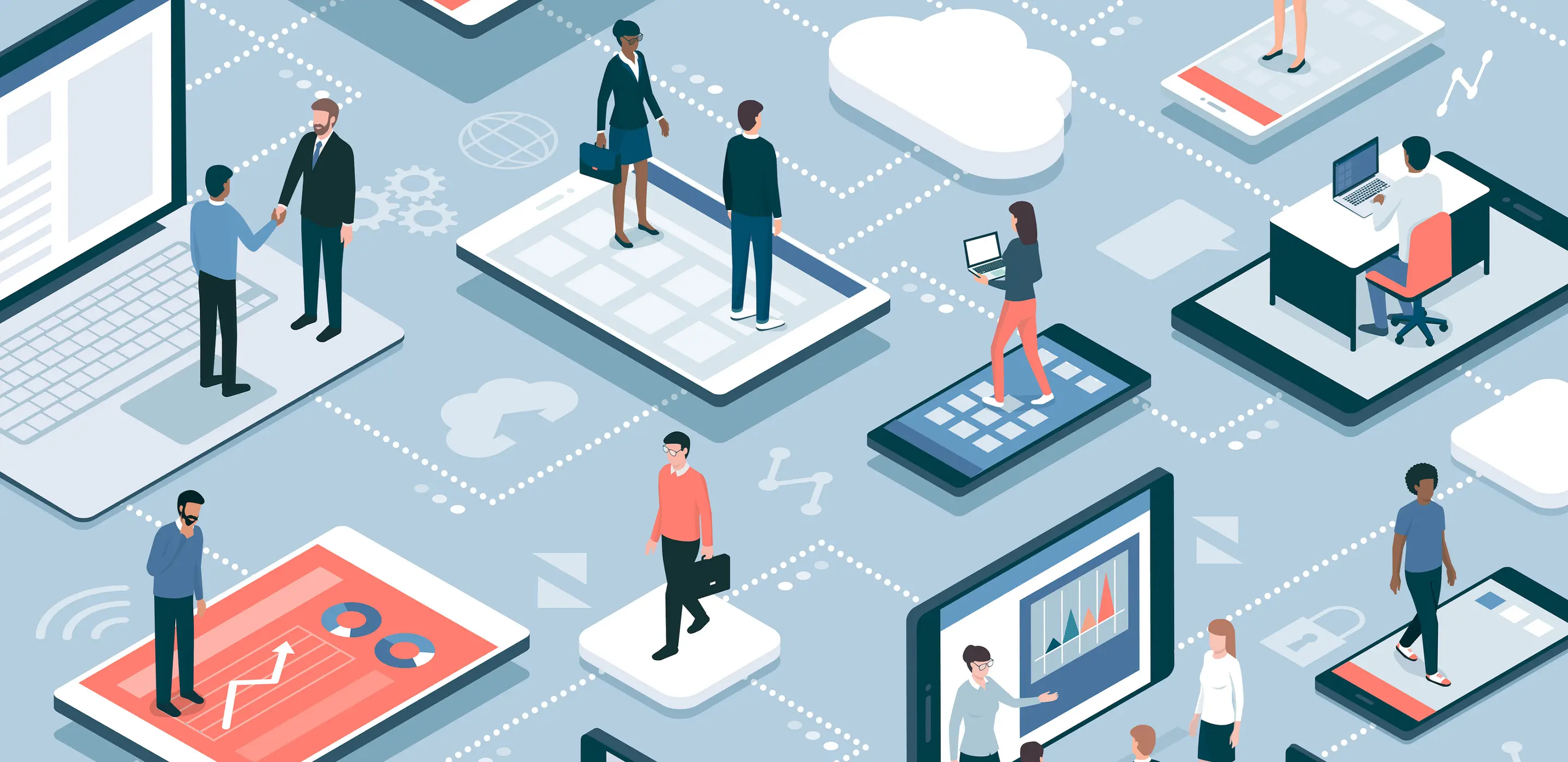 Isometric illustration of digital networking with diverse professionals interacting on oversized devices.
