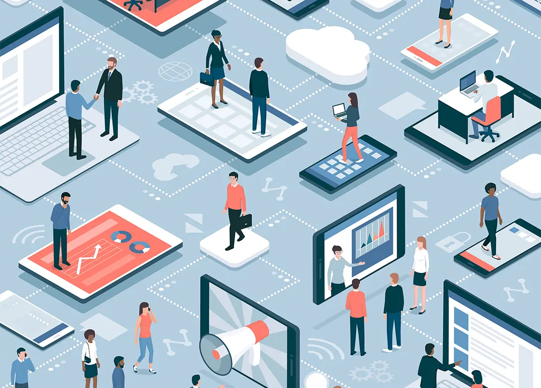 Isometric illustration of digital workplace with people using technology devices and networking.
