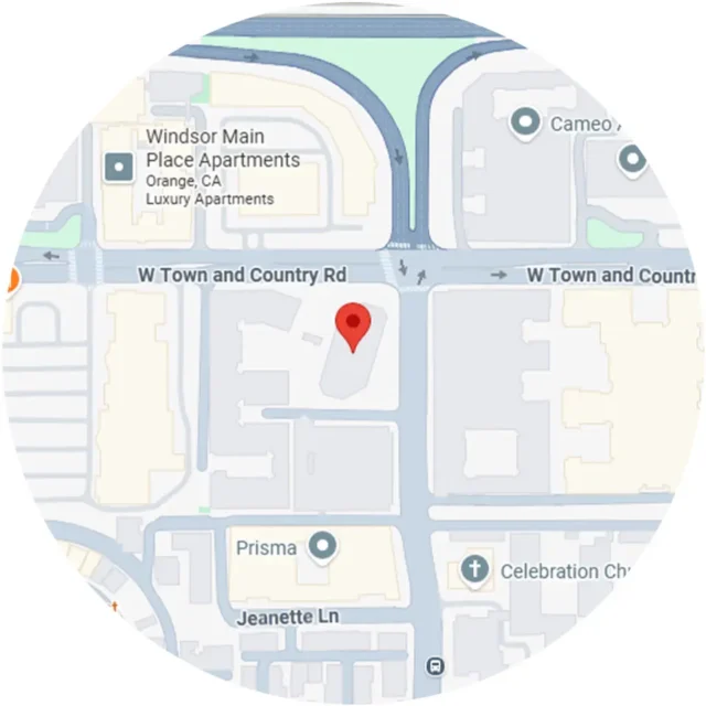 Map of Windsor Main Place Apartments location in Orange, CA on W Town and Country Rd with nearby landmarks.