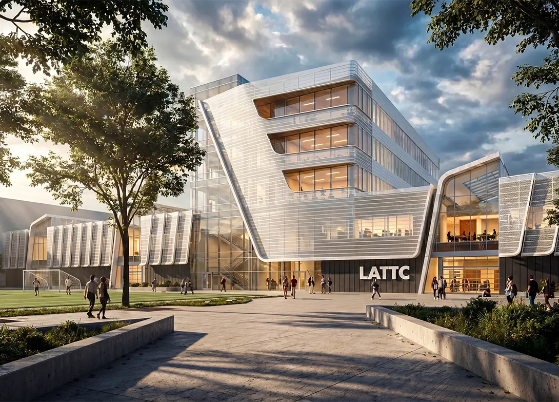 Modern building of LATTC campus with glass facade, surrounded by trees and people walking in a spacious courtyard.