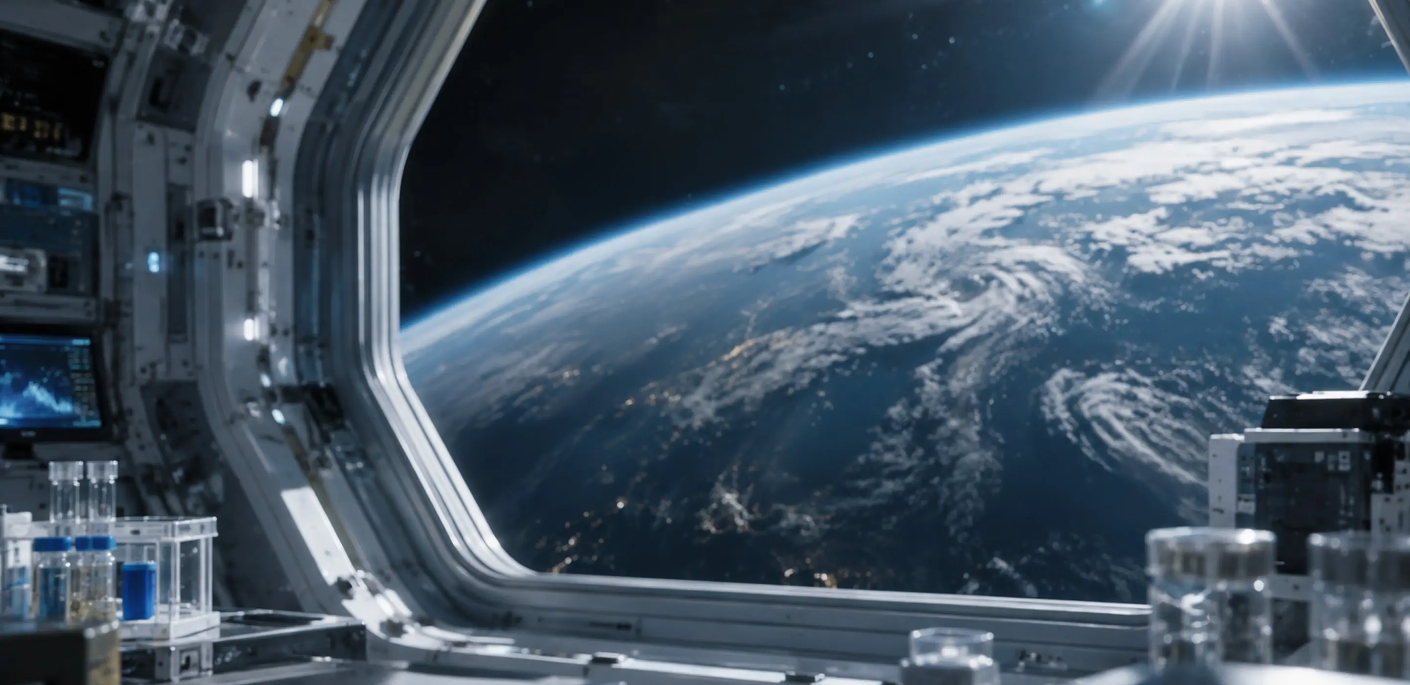 Earth view from space station window with lab equipment and digital screen.