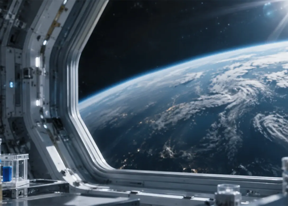 View of Earth from a spacecraft window, showing clouds and land, with a futuristic interior.