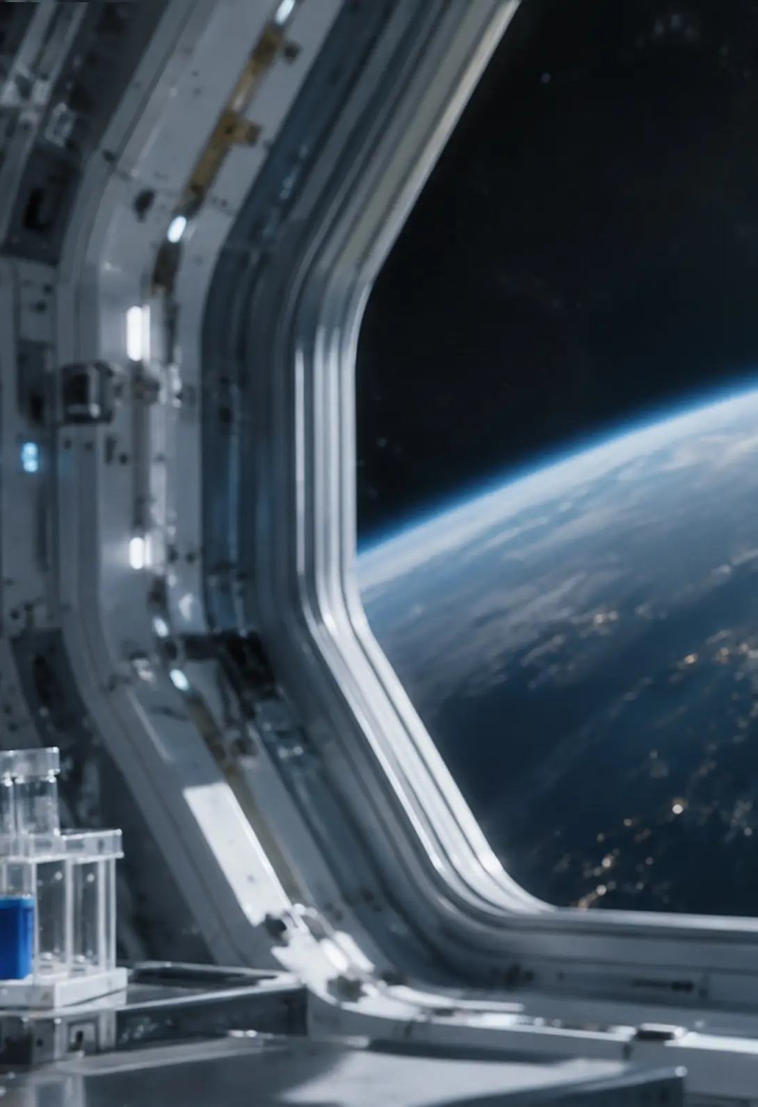 View of Earth from space station window with laboratory equipment in the foreground, showcasing space exploration.