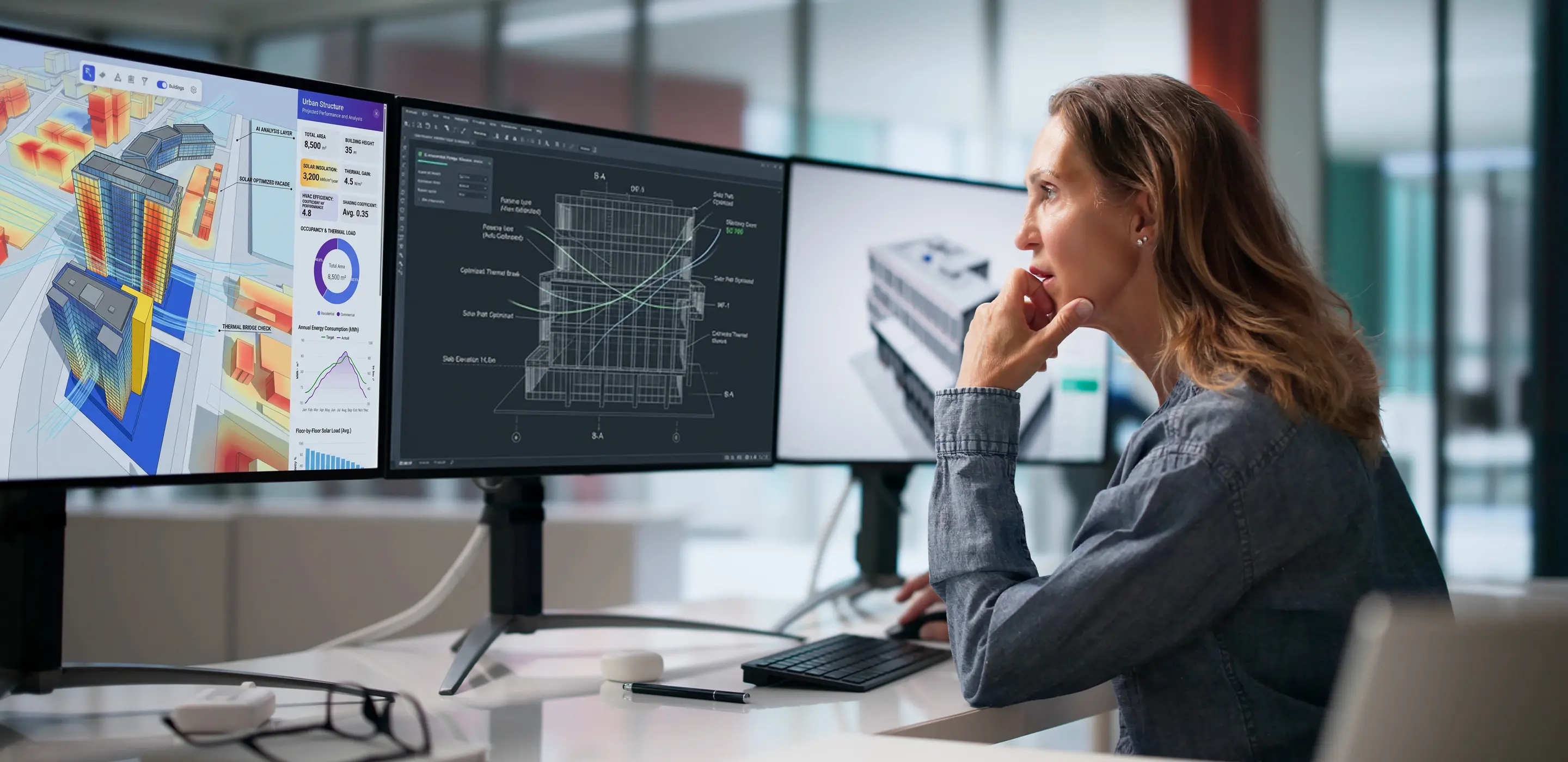 Architect analyzing 3D building models on multiple monitors in a modern office setting.
