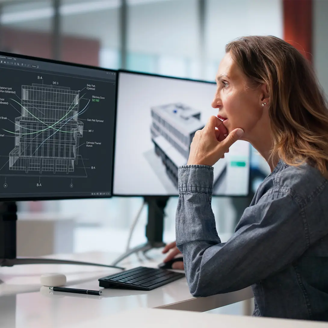 Architect working on building design with CAD software, analyzing 3D models on dual monitors in a modern office.