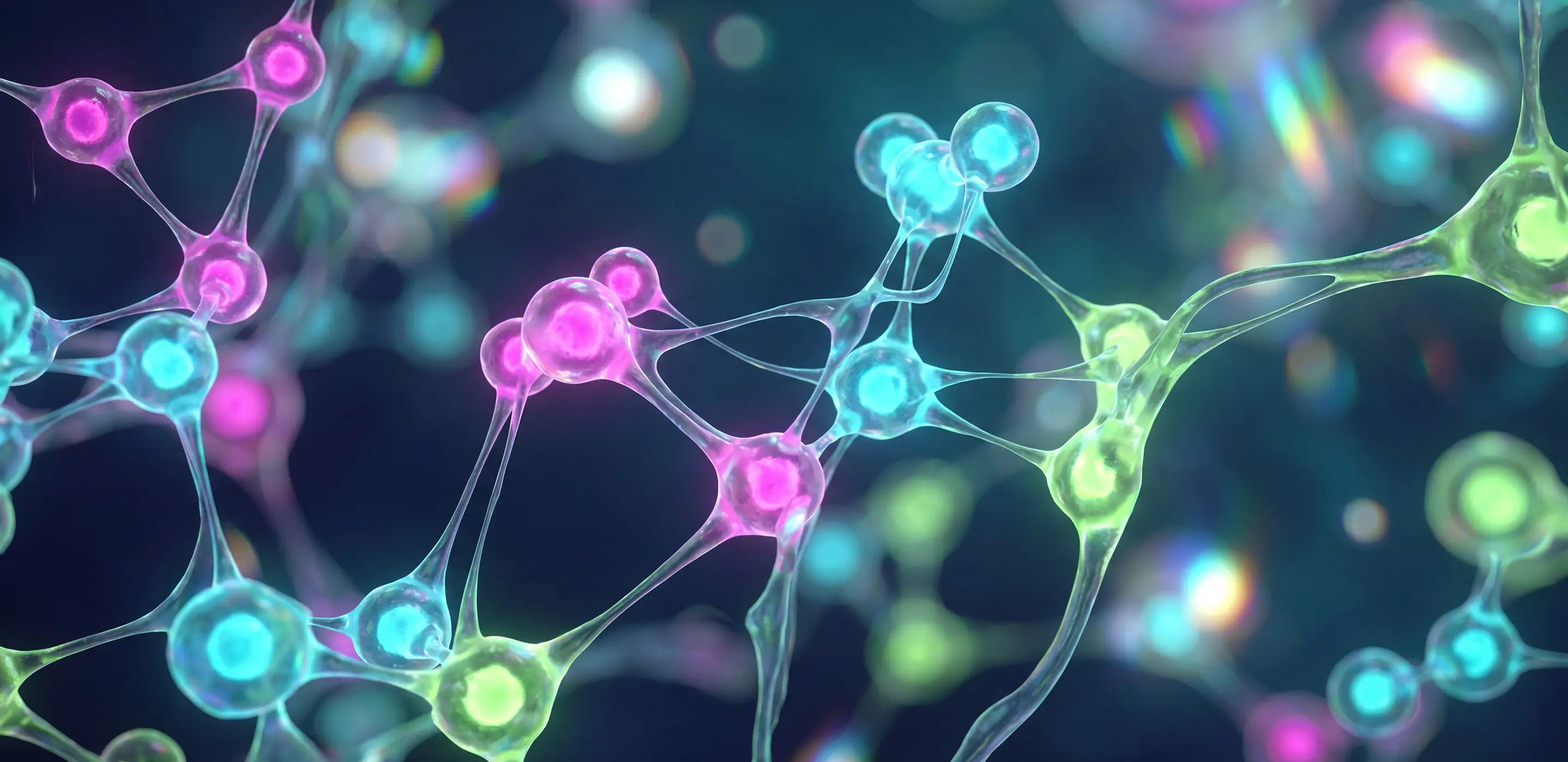 Colorful molecular structure illustration with glowing nodes, representing scientific research and biotechnology concepts.
