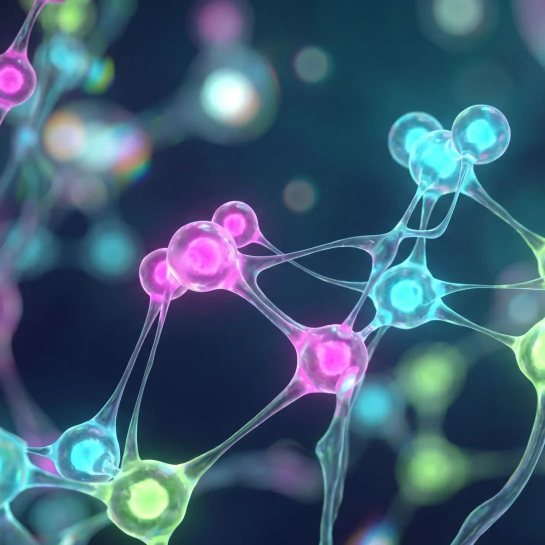 Colorful neural network illustration with interconnected nodes on a dark background.