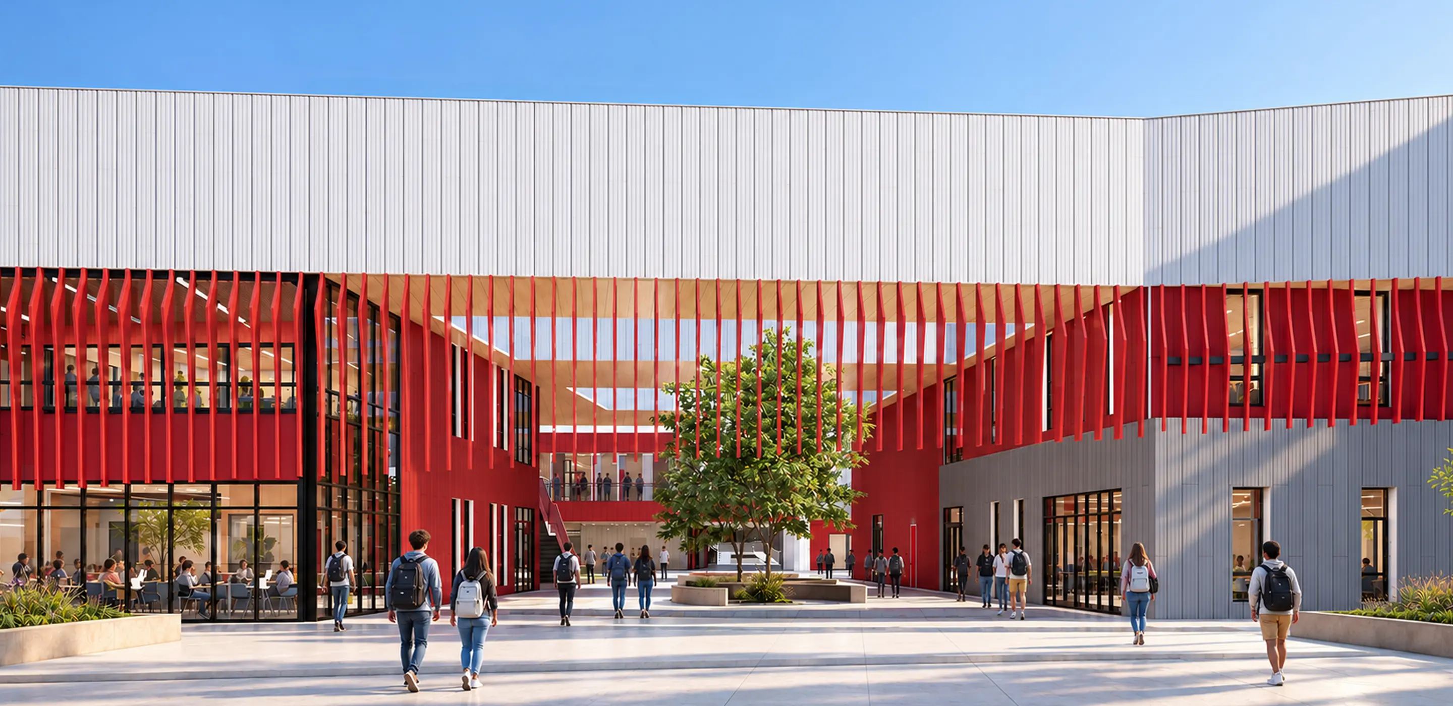 Modern campus courtyard with students walking, red architectural accents, and a central tree under a clear blue sky.