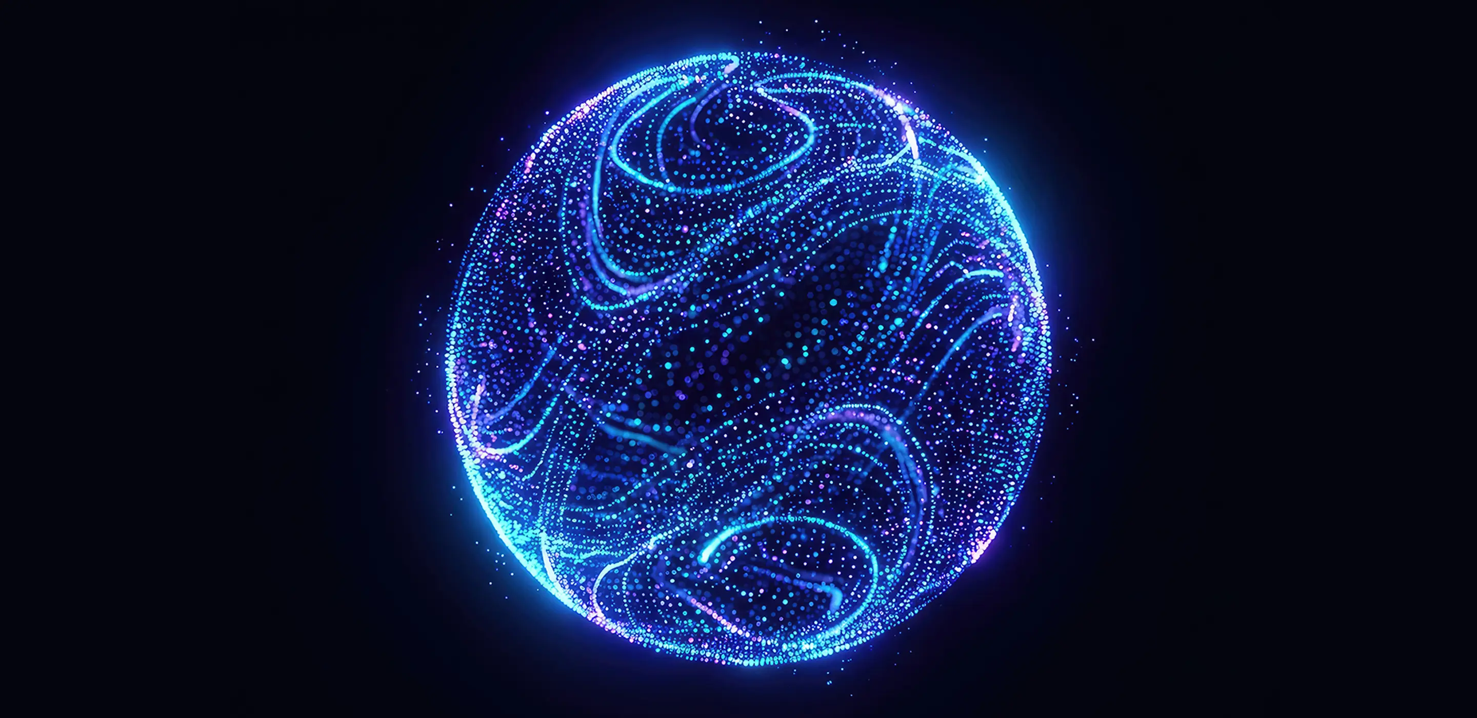 Glowing digital sphere of swirling blue and purple particles on a dark background, representing futuristic technology.